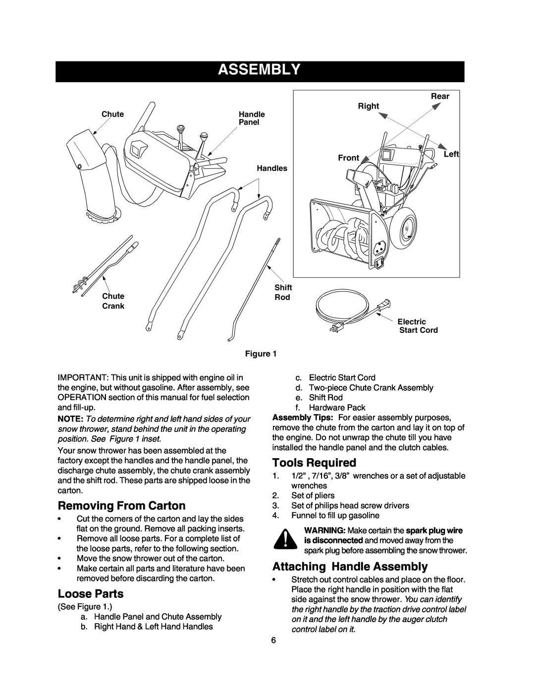 Craftsman 247.88853 Removing From Carton, Loose Parts, Tools Required, Attaching Handle Assembly, Rear, Right, Front 
