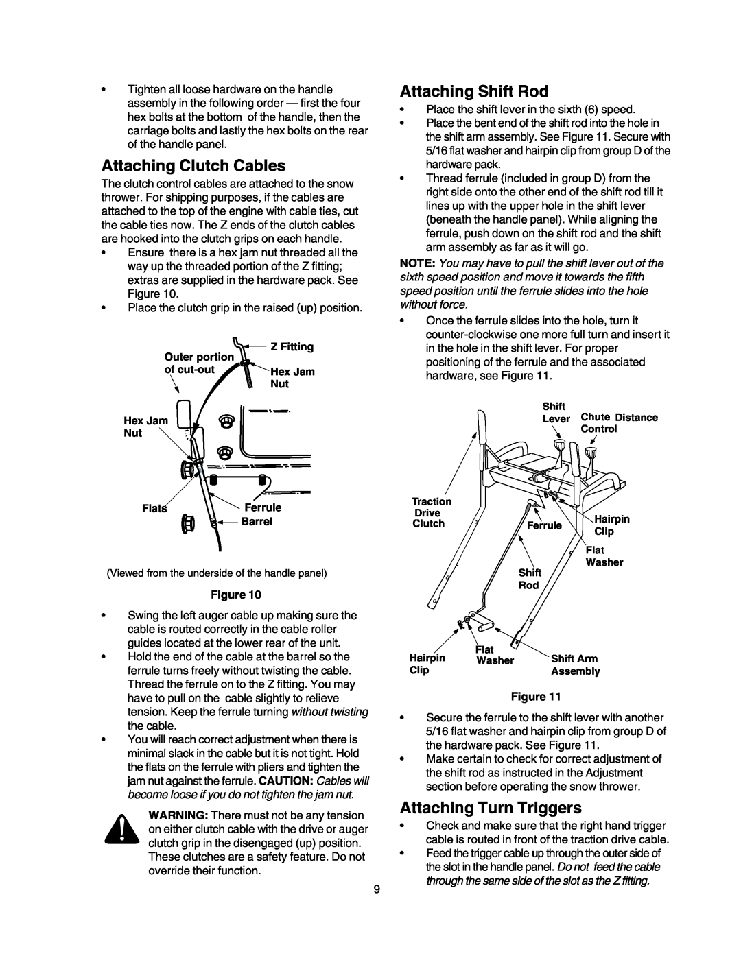 Craftsman 247.88853 owner manual Attaching Clutch Cables, Attaching Shift Rod, Attaching Turn Triggers 