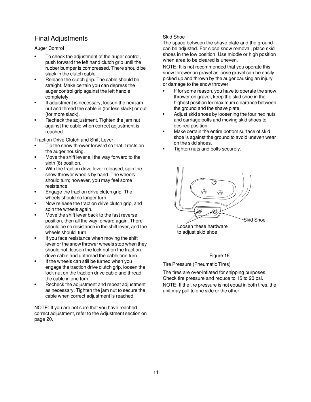 Craftsman 247.88853 owner manual Final Adjustments, Auger Control, Traction Drive Clutch and Shift Lever, Skid Shoe 