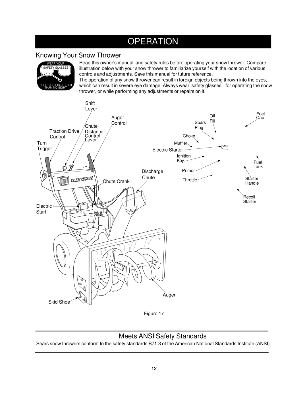 Craftsman 247.88853 owner manual Operation, Knowing Your Snow Thrower, Meets Ansi Safety Standards 