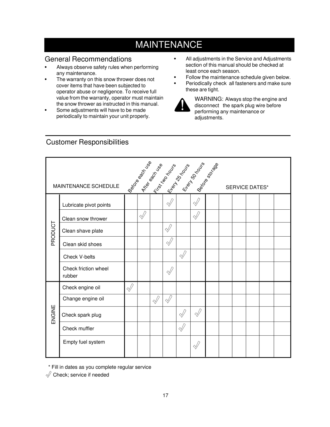 Craftsman 247.88853 owner manual Maintenance, General Recommendations, Customer Responsibilities, Lubricate pivot points 