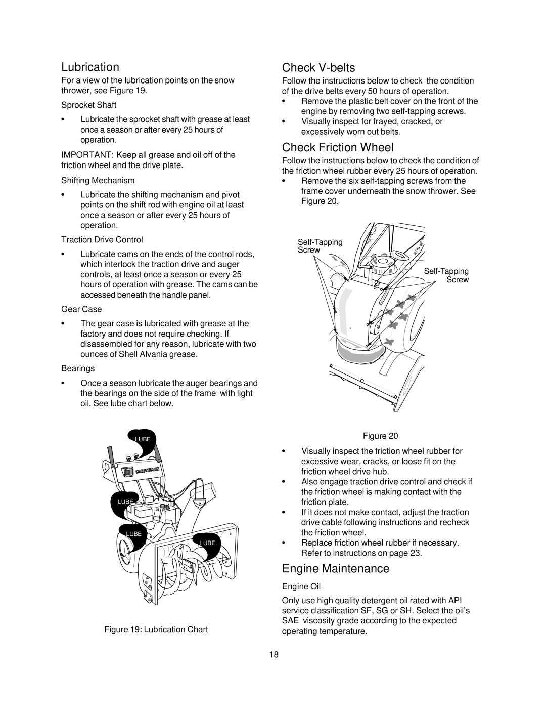 Craftsman 247.88853 owner manual Lubrication, Check V-belts, Check Friction Wheel, Engine Maintenance 