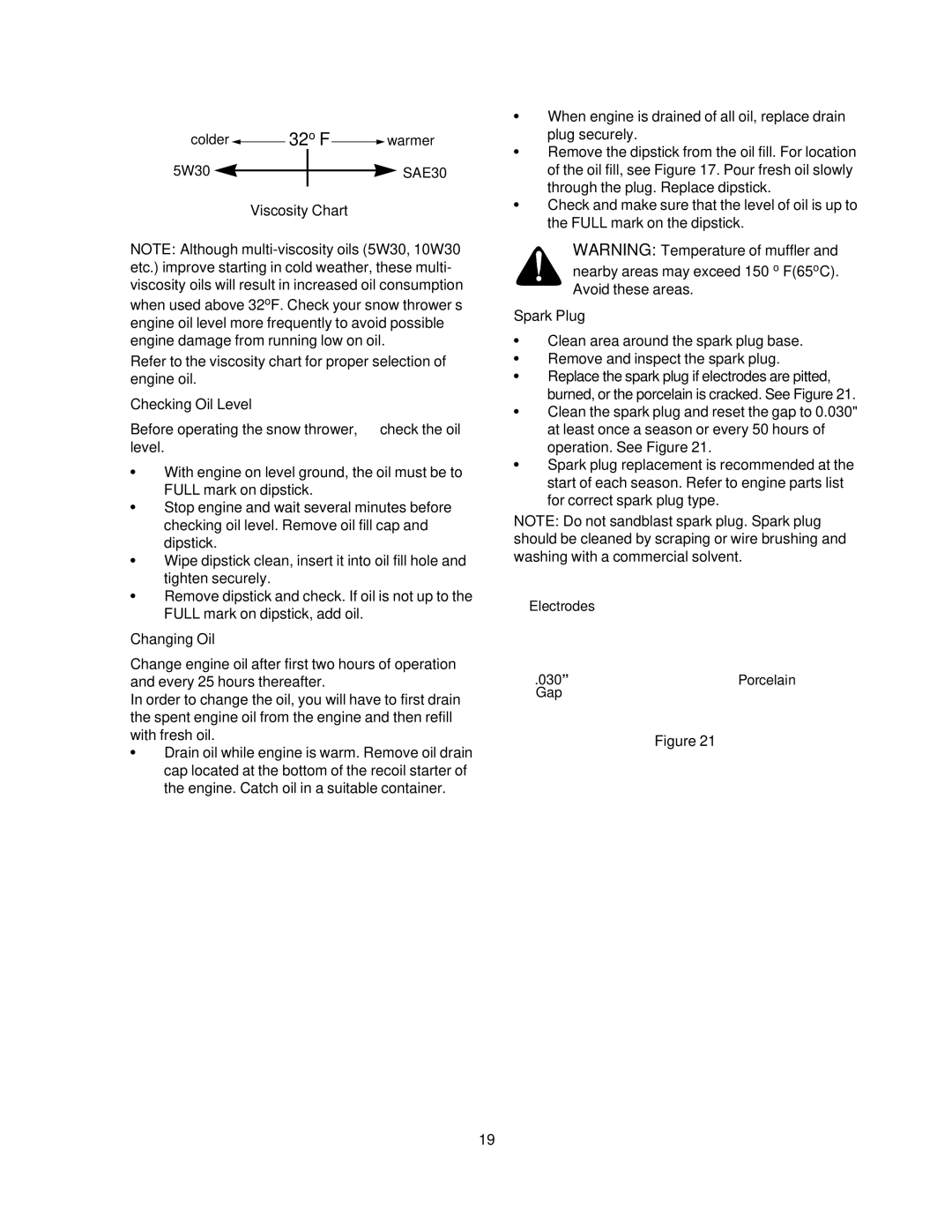 Craftsman 247.88853 owner manual Viscosity Chart, Checking Oil Level, Changing Oil, Spark Plug 