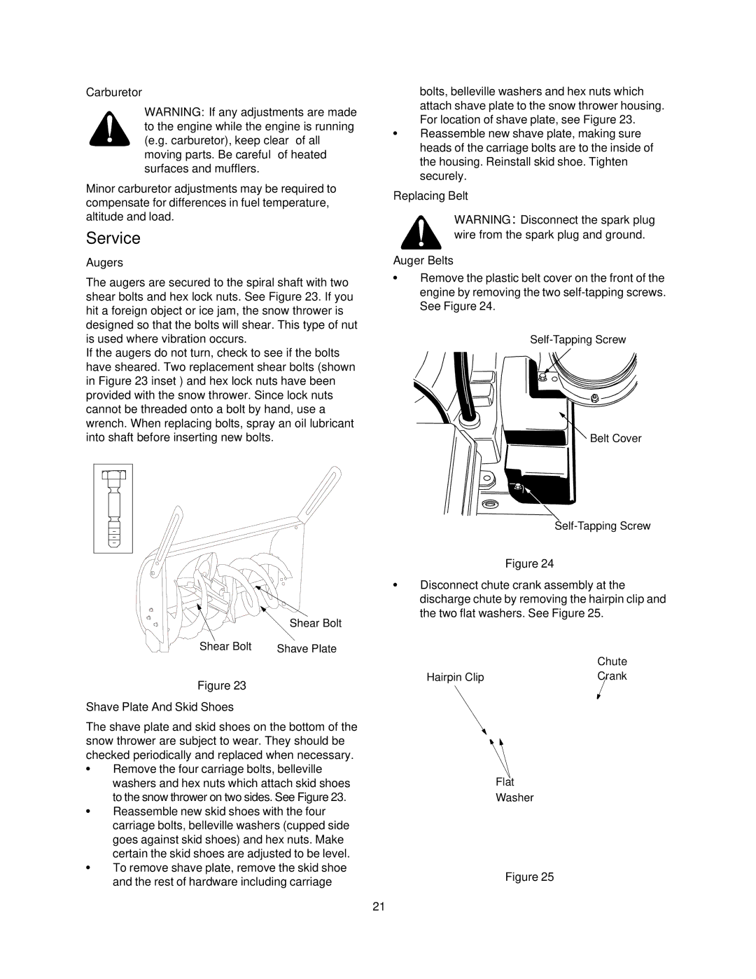 Craftsman 247.88853 owner manual Service, Carburetor, Augers, Shave Plate And Skid Shoes, Replacing Belt Auger Belts 