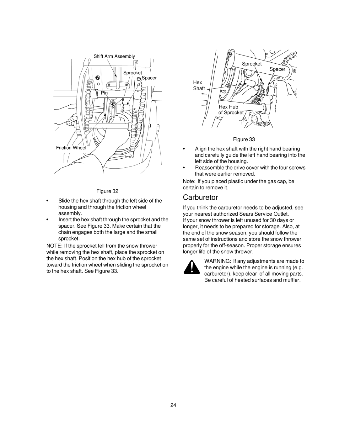 Craftsman 247.88853 owner manual Carburetor, Sprocket Spacer Hex Shaft Hex Hub 