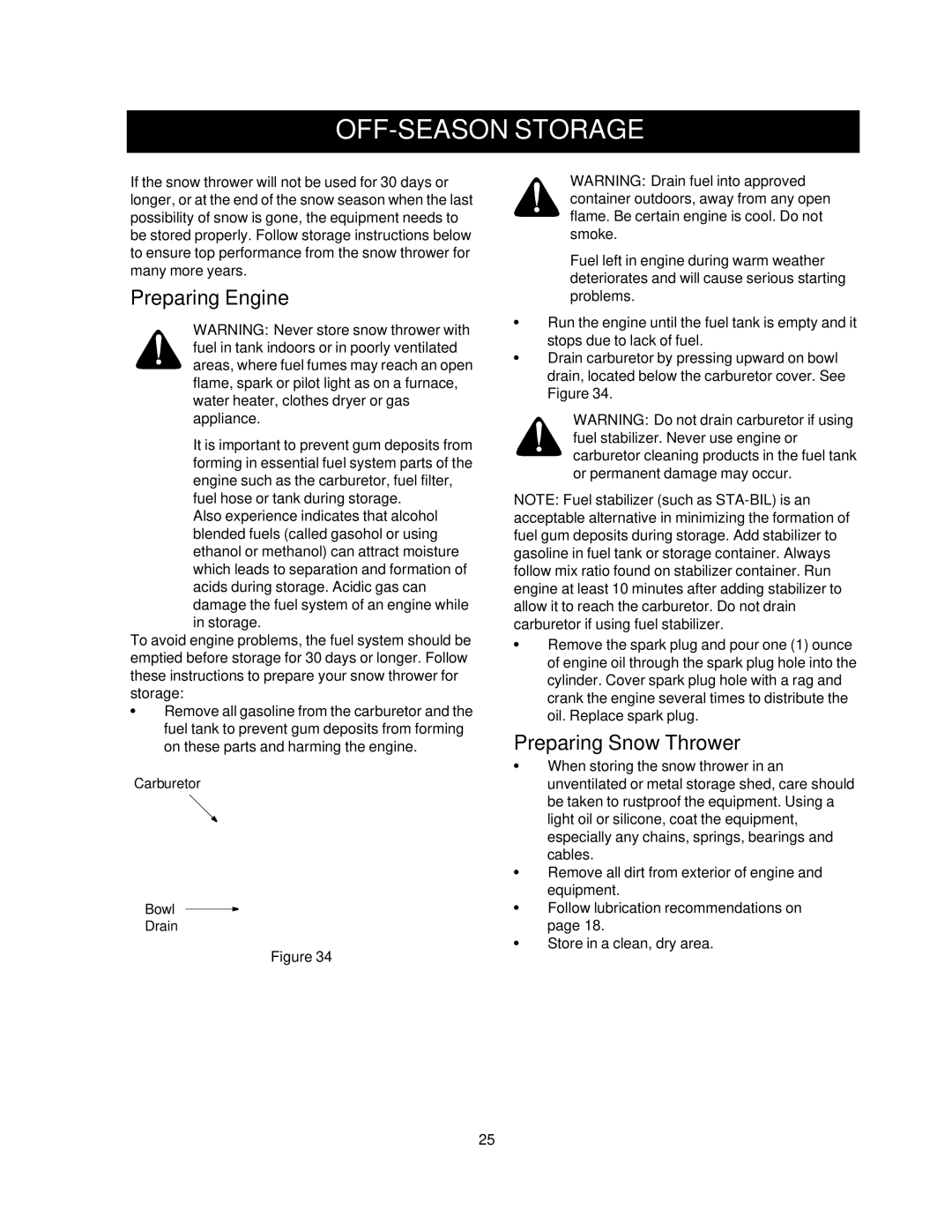 Craftsman 247.88853 owner manual OFF-SEASON Storage, Preparing Engine, Preparing Snow Thrower, Carburetor Bowl Drain 