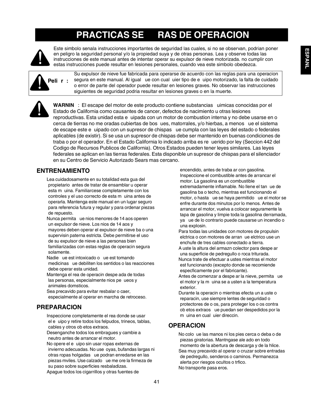 Craftsman 247.88853 owner manual Practicas Seguras DE Operacion, Entrenamiento 