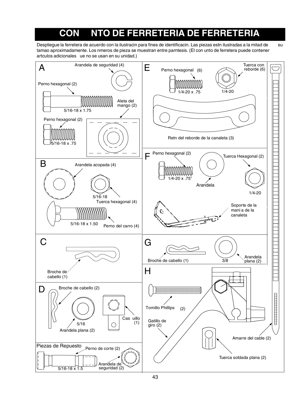 Craftsman 247.88853 owner manual Conjunto DE Ferreteria DE Ferreteria, Piezas de Repuesto 