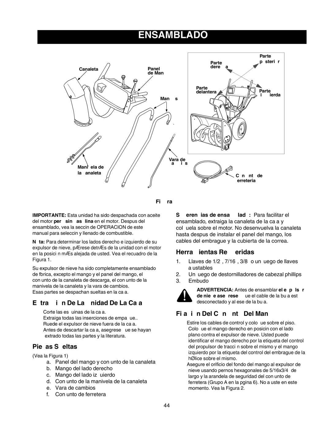 Craftsman 247.88853 owner manual Ensamblado, Extraccion De La Unidad De La Caja, Piezas Sueltas, Herramientas Requeridas 