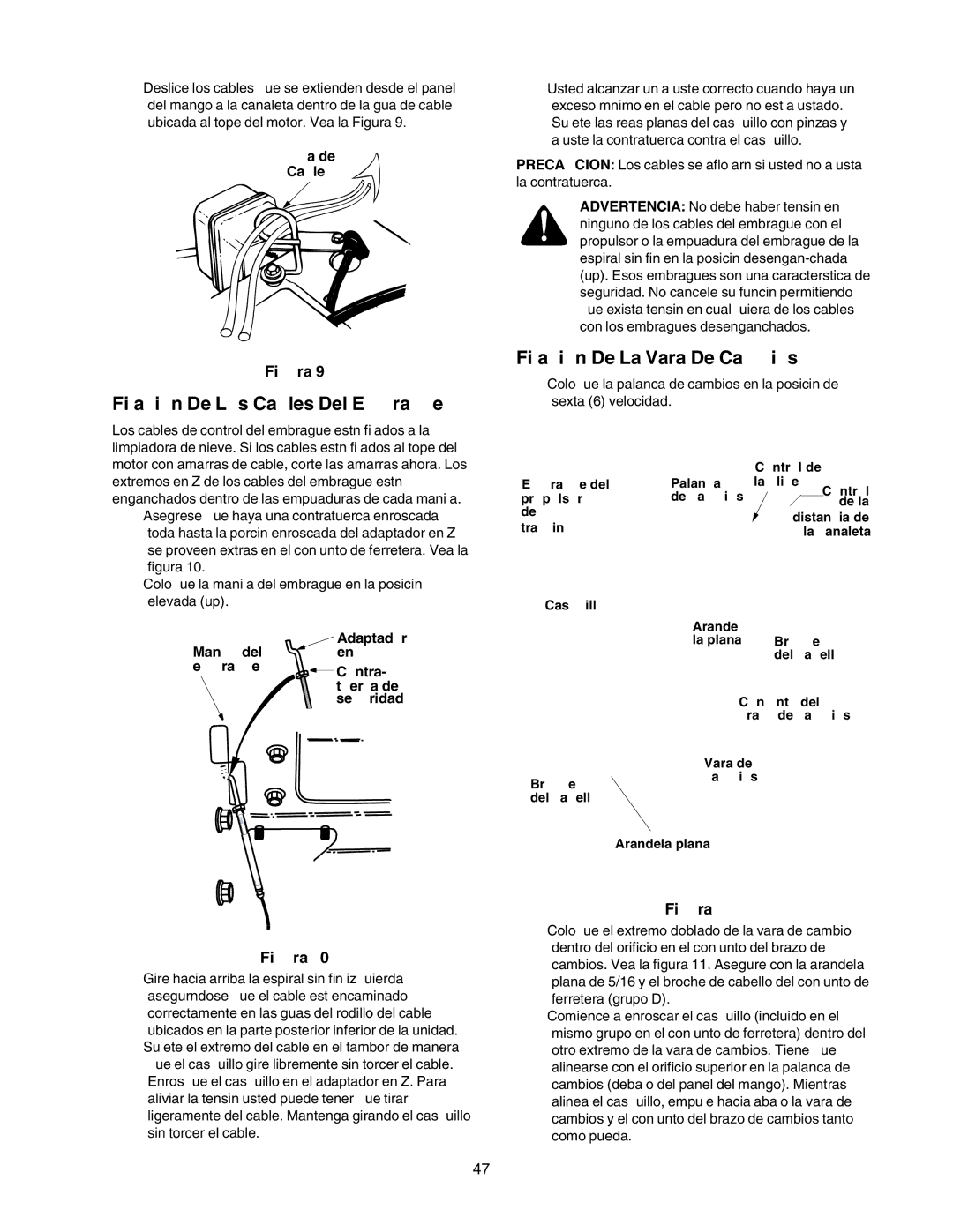 Craftsman 247.88853 owner manual Fijacion De Los Cables Del Embrague, Fijacion De La Vara De Cambios 