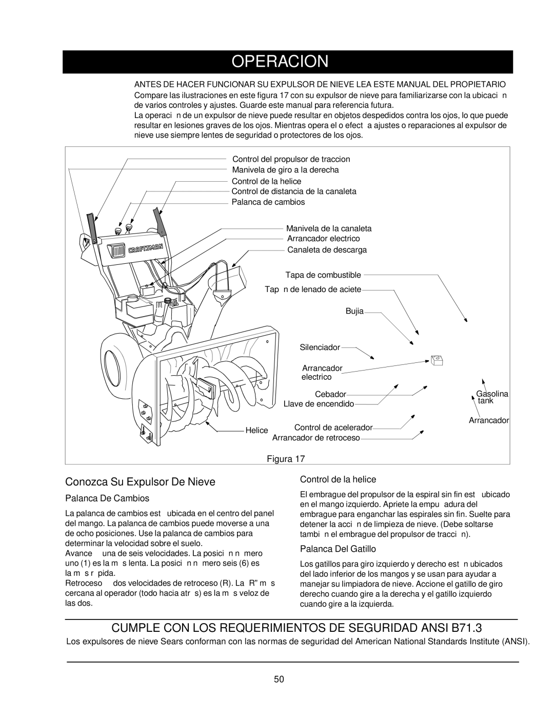 Craftsman 247.88853 Operacion, Conozca Su Expulsor De Nieve, Palanca De Cambios, Control de la helice, Palanca Del Gatillo 