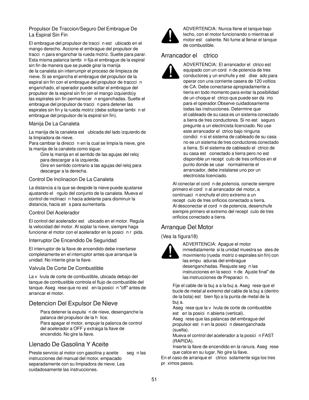 Craftsman 247.88853 owner manual Detencion Del Expulsor De Nieve, Llenado De Gasolina Y Aceite, Arrancador eléctrico 