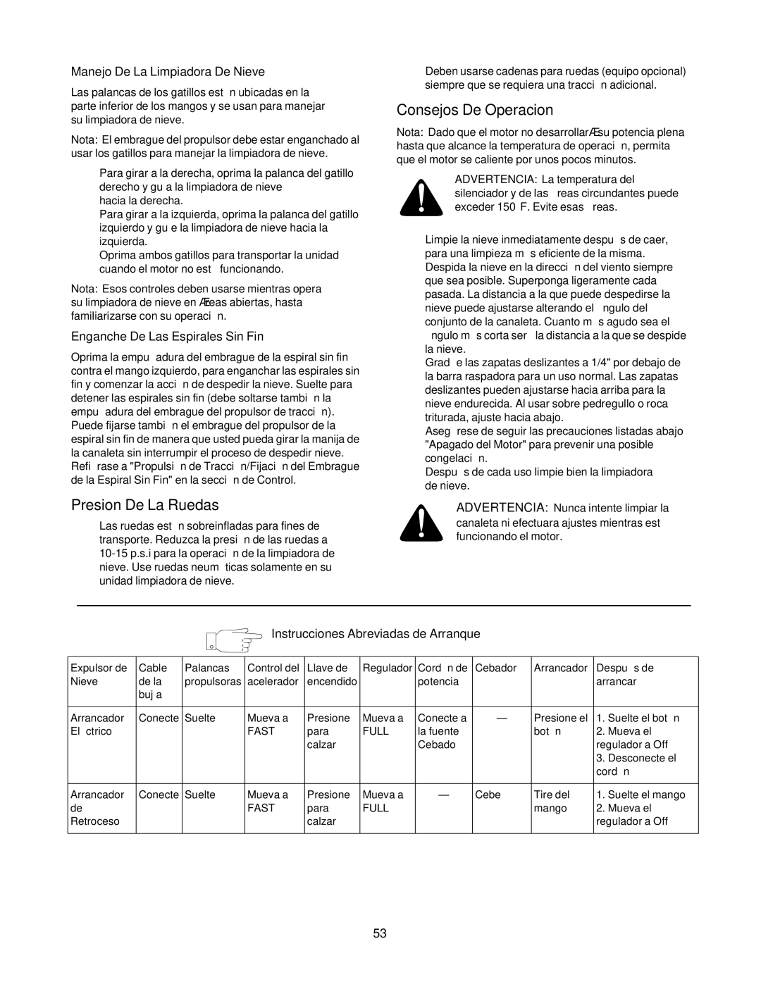 Craftsman 247.88853 owner manual Presion De La Ruedas, Consejos De Operacion, Manejo De La Limpiadora De Nieve 