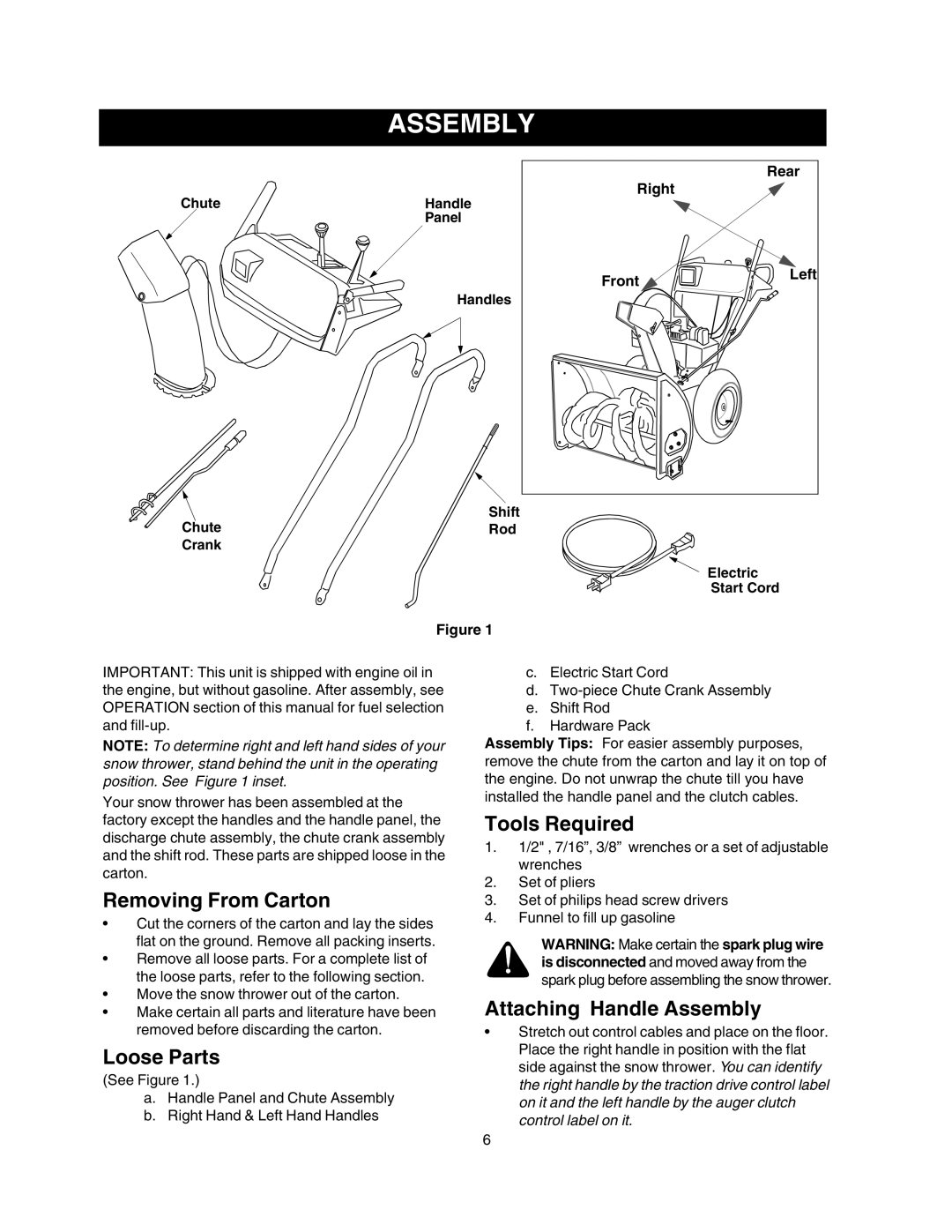 Craftsman 247.88853 owner manual Removing From Carton, Loose Parts, Tools Required, Attaching Handle Assembly 