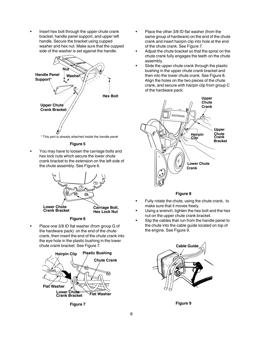 Craftsman 247.88853 Support Hex Bolt Upper Chute Crank Bracket, Lower Chute Carriage Bolt Crank Bracket Hex Lock Nut 