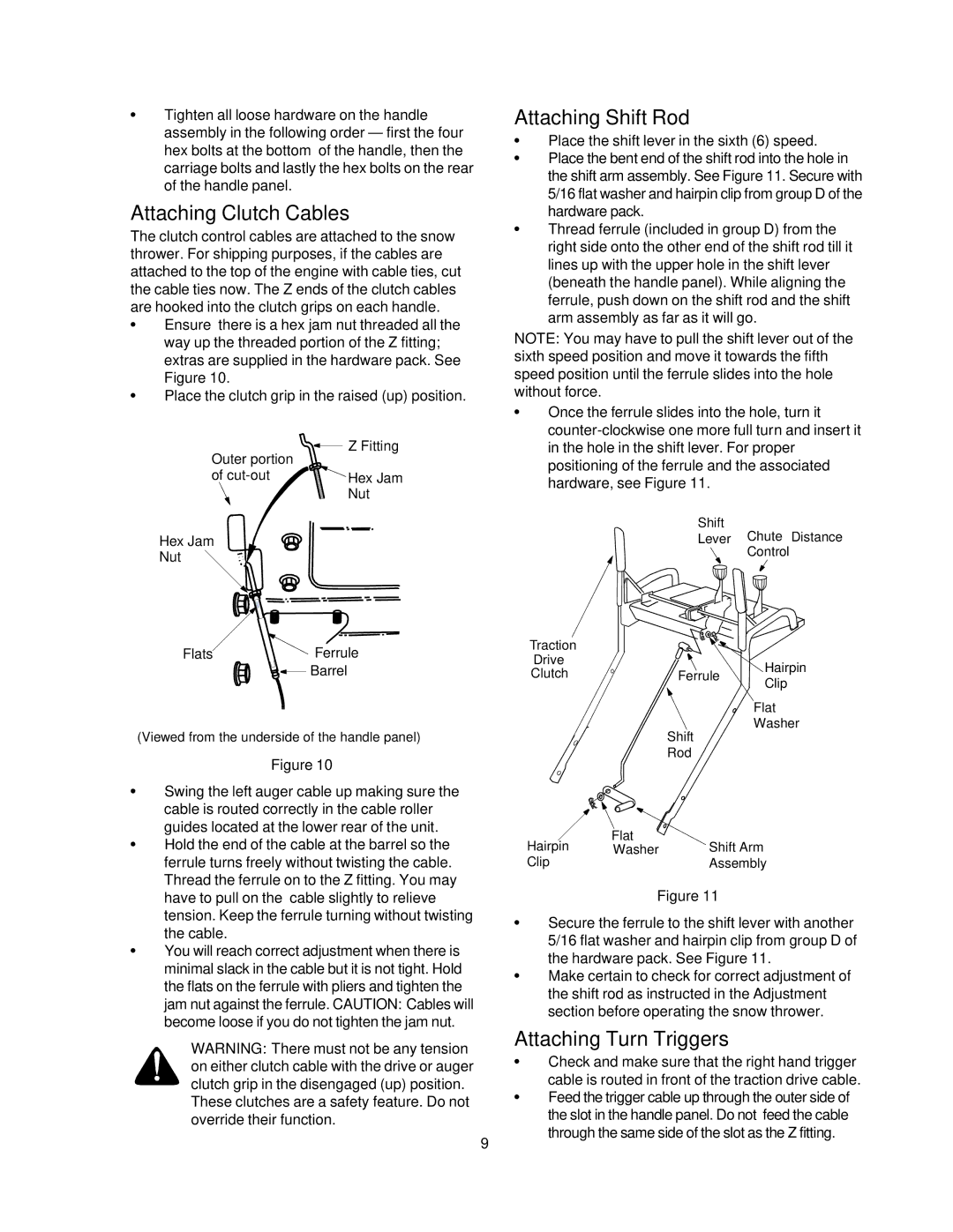 Craftsman 247.88853 Attaching Clutch Cables, Attaching Shift Rod, Attaching Turn Triggers, Outer portion Fitting Cut-out 