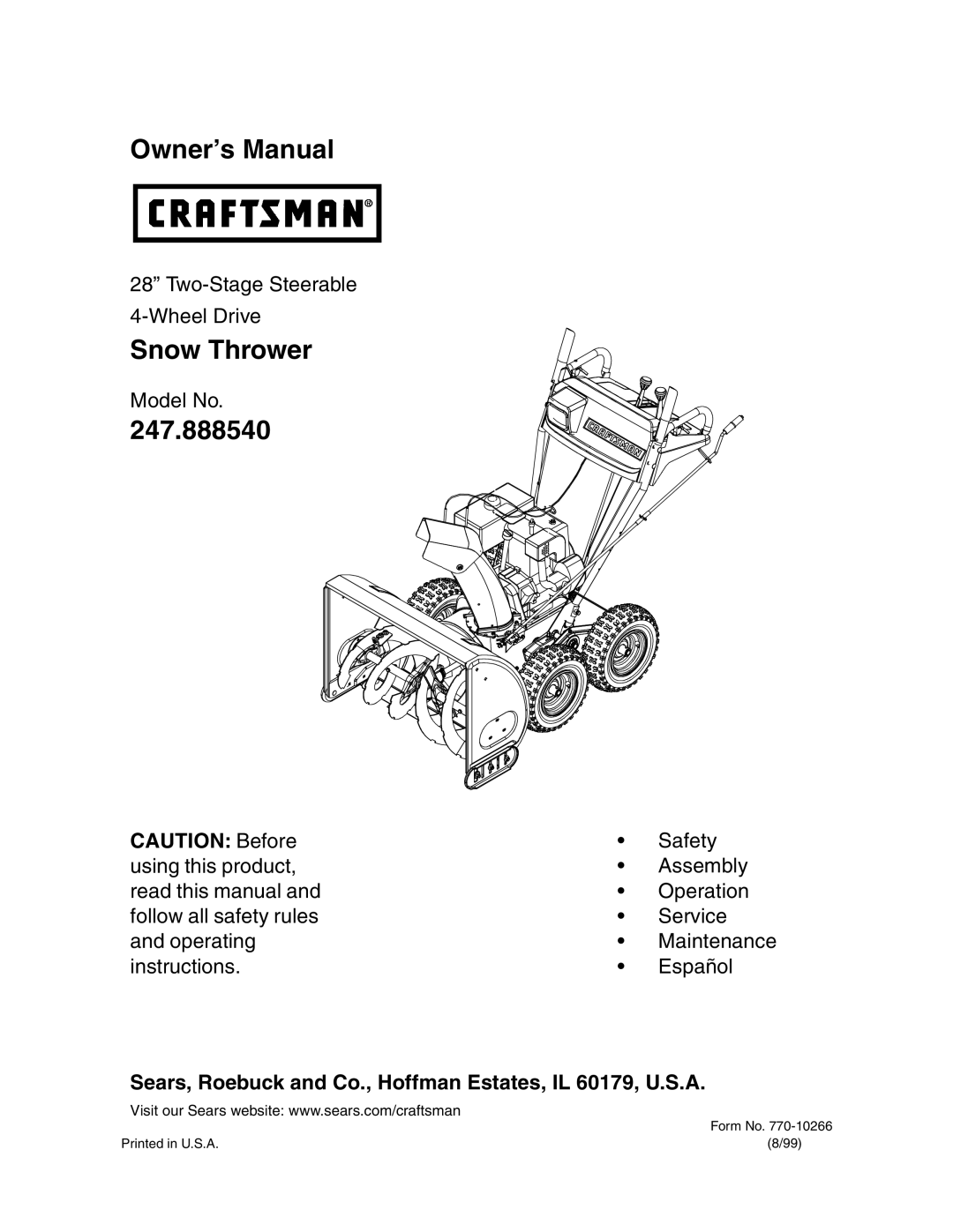 Craftsman owner manual 247.888540, Sears, Roebuck and Co., Hoffman Estates, IL 60179, U.S.A 