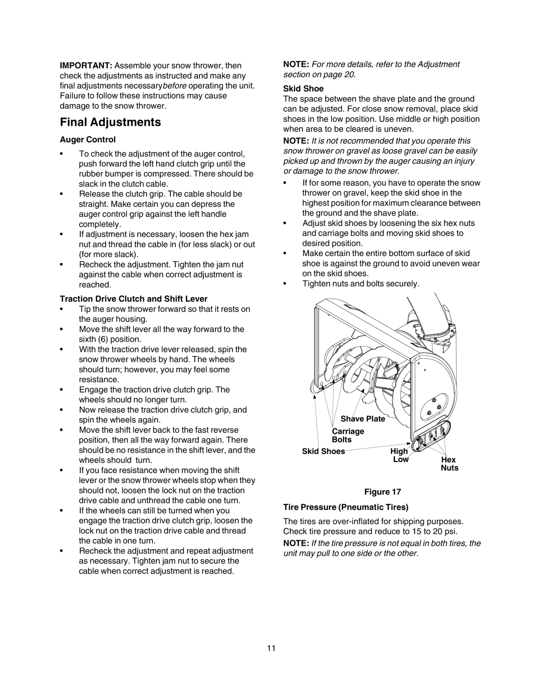 Craftsman 247.88854 owner manual Final Adjustments, Auger Control, Traction Drive Clutch and Shift Lever, Skid Shoe 