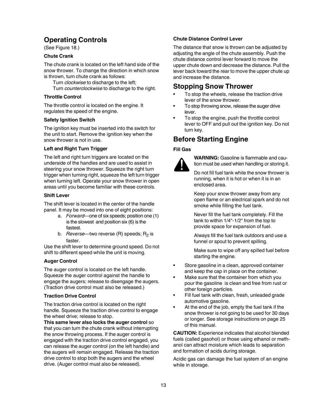 Craftsman 247.88854 owner manual Operating Controls, Stopping Snow Thrower, Before Starting Engine 