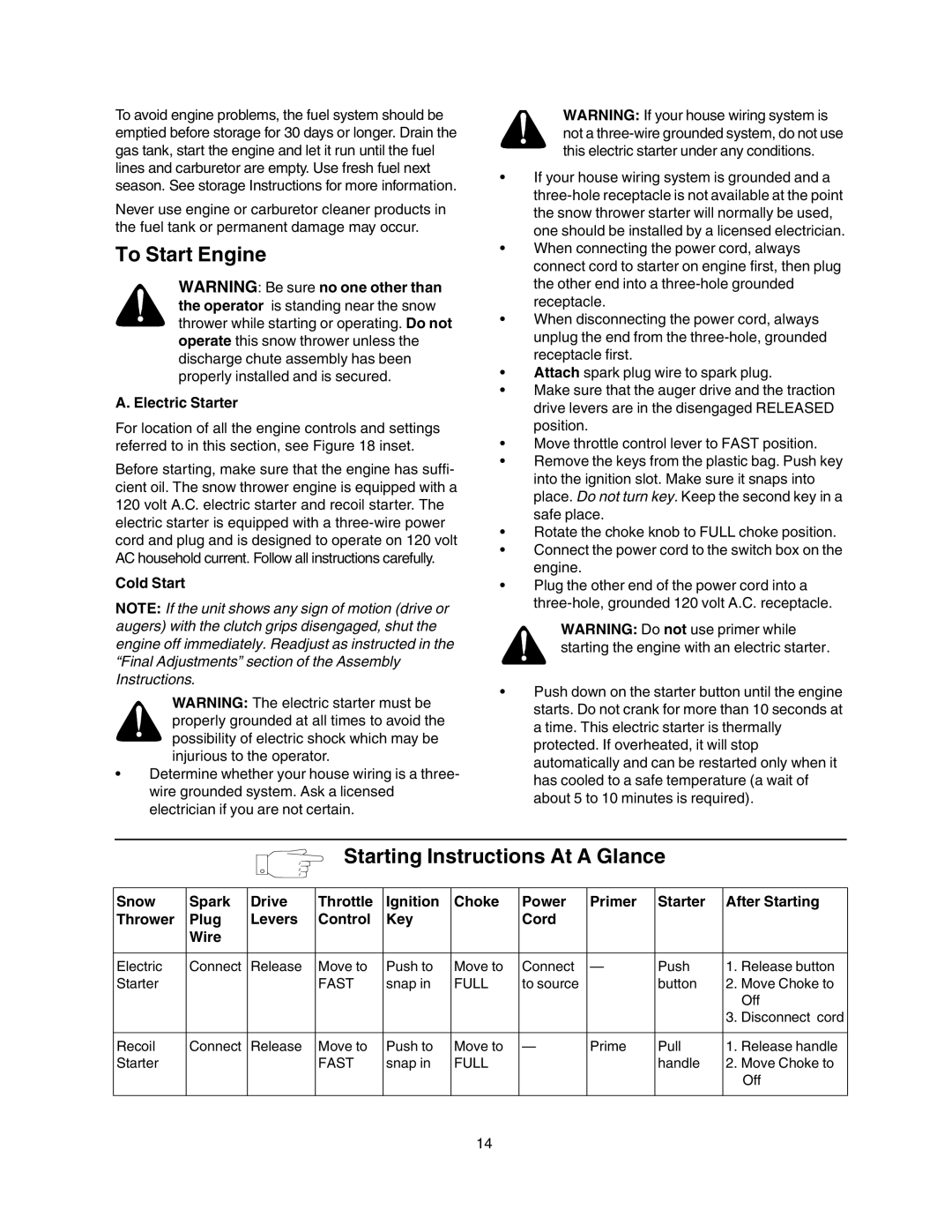 Craftsman 247.88854 owner manual To Start Engine, Starting Instructions At a Glance, Electric Starter, Cold Start 