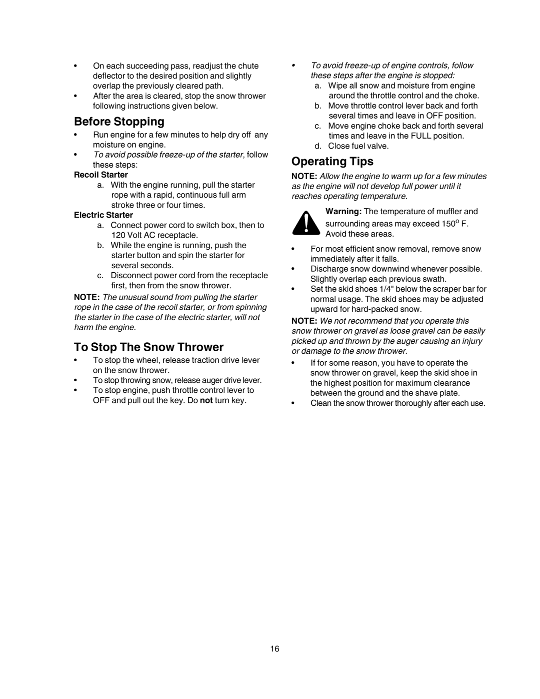 Craftsman 247.88854 owner manual Before Stopping, To Stop The Snow Thrower, Operating Tips 