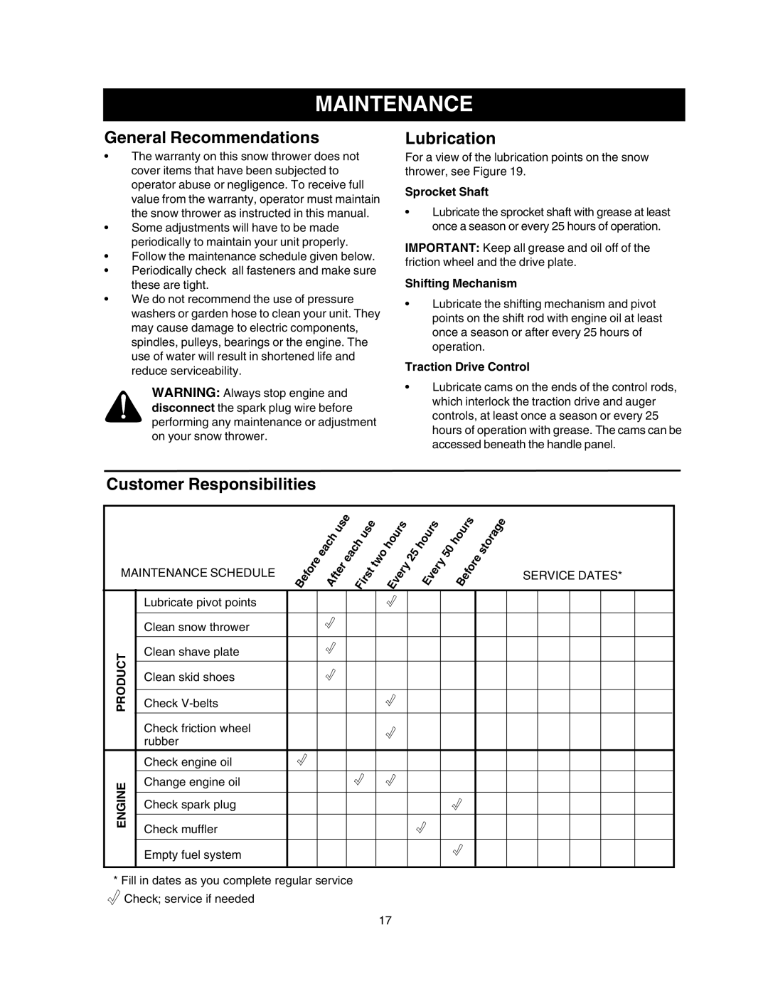 Craftsman 247.88854 owner manual Maintenance, General Recommendations, Lubrication, Customer Responsibilities 