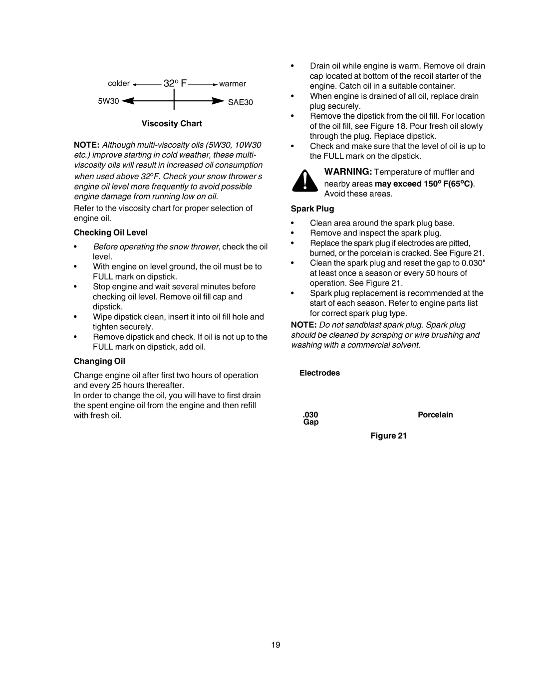 Craftsman 247.88854 owner manual Viscosity Chart, Checking Oil Level, Changing Oil, Spark Plug 