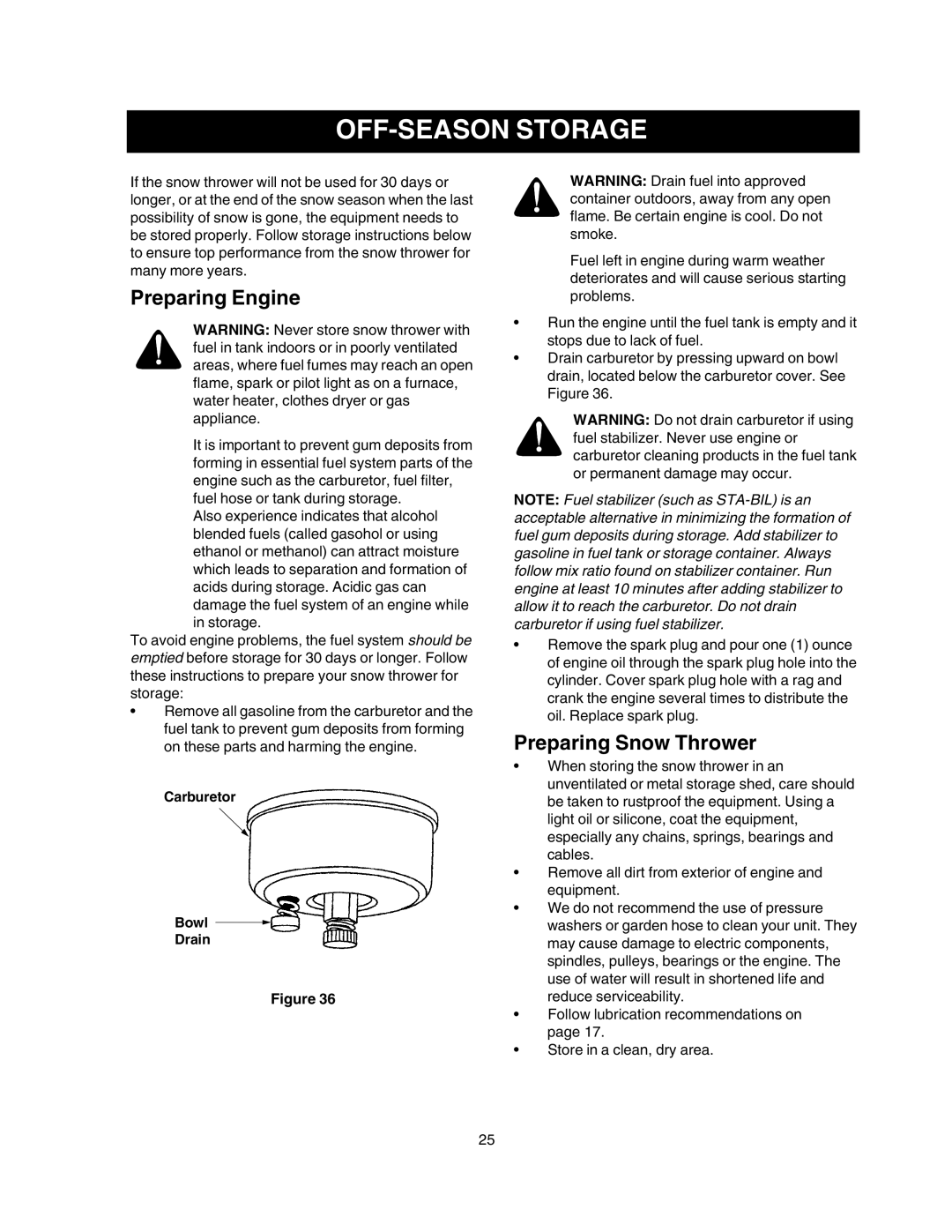 Craftsman 247.88854 owner manual OFF-SEASON Storage, Preparing Engine, Preparing Snow Thrower, Carburetor Bowl Drain 