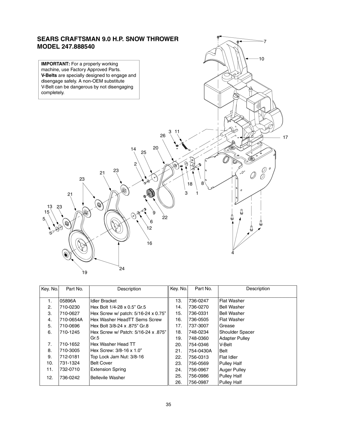 Craftsman 247.88854 owner manual Sears Craftsman 9.0 H.P. Snow Thrower 