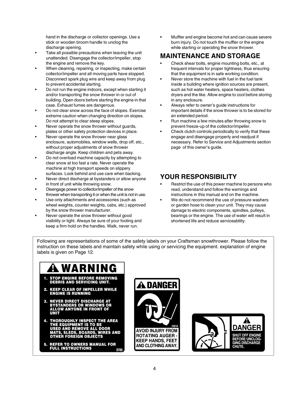 Craftsman 247.88854 owner manual Maintenance and Storage 