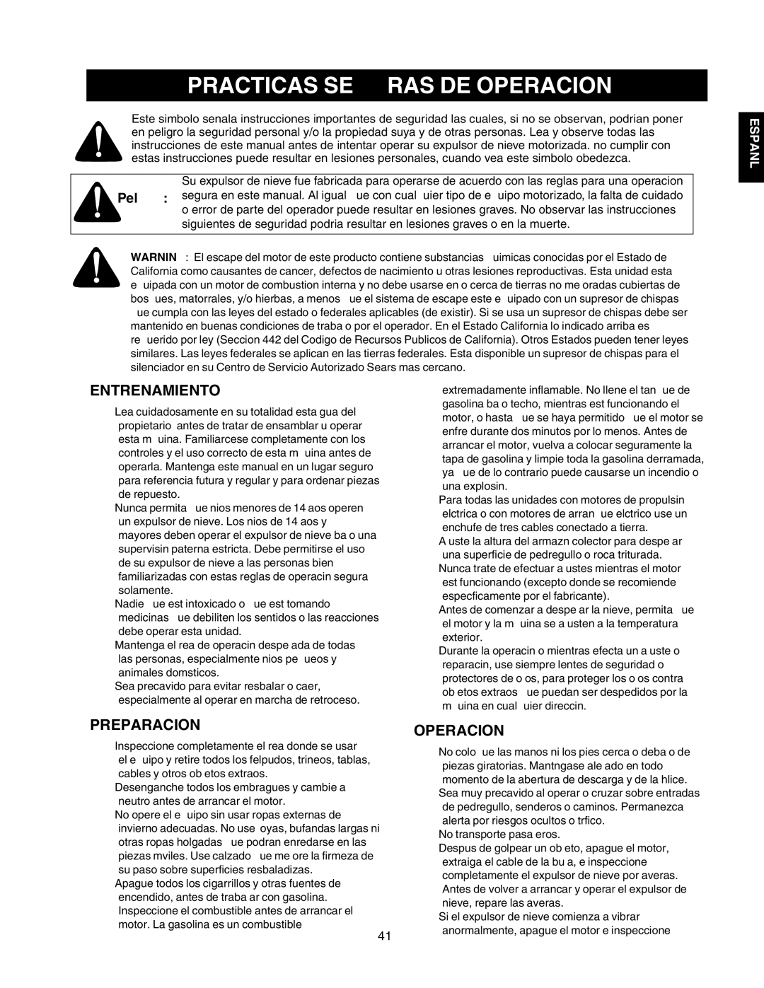 Craftsman 247.88854 owner manual Practicas Seguras DE Operacion, Entrenamiento 