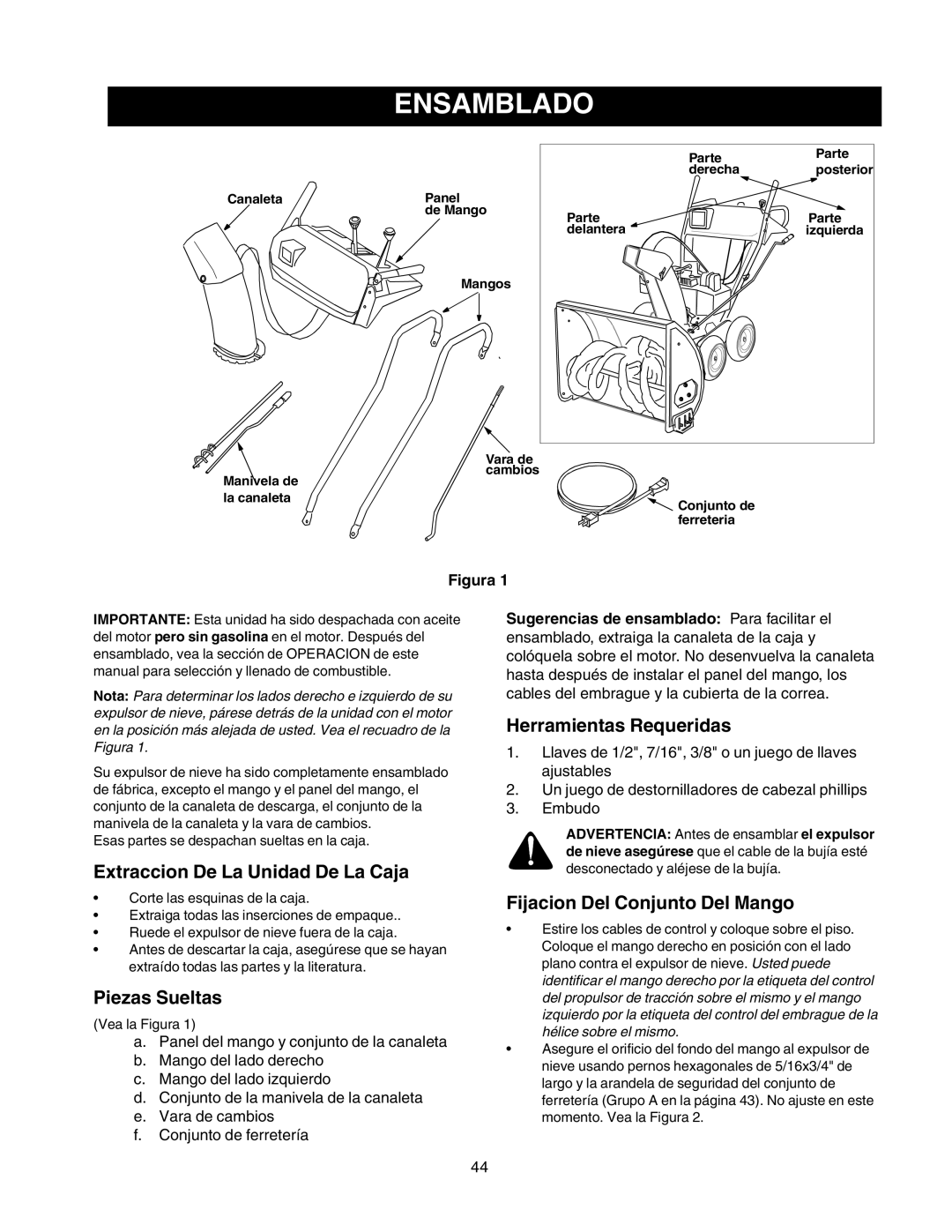 Craftsman 247.88854 owner manual Ensamblado, Extraccion De La Unidad De La Caja, Piezas Sueltas, Herramientas Requeridas 