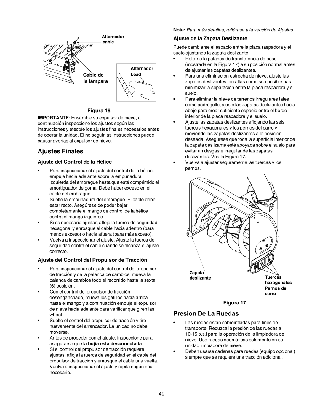 Craftsman 247.88854 Ajustes Finales, Presion De La Ruedas, Ajuste de la Zapata Deslizante, Ajuste del Control de la Hélice 