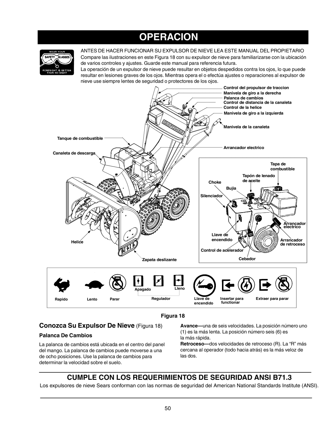 Craftsman 247.88854 owner manual Operacion, Conozca Su Expulsor De Nieve Figura, Palanca De Cambios 