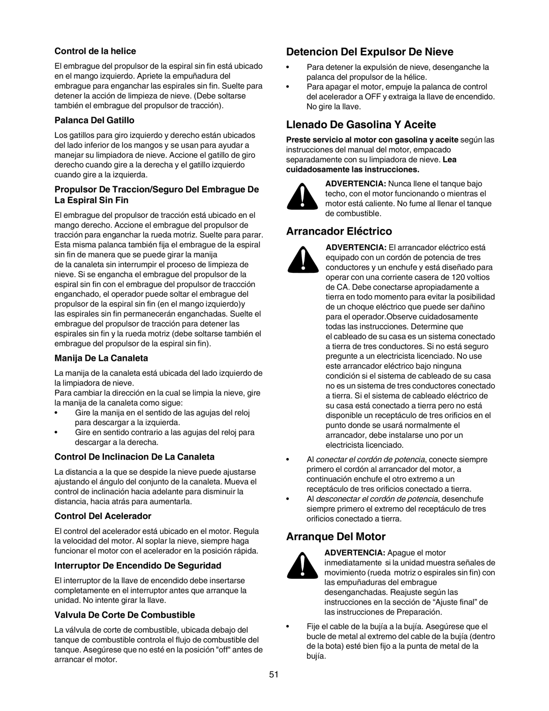 Craftsman 247.88854 owner manual Detencion Del Expulsor De Nieve, Llenado De Gasolina Y Aceite, Arrancador Eléctrico 