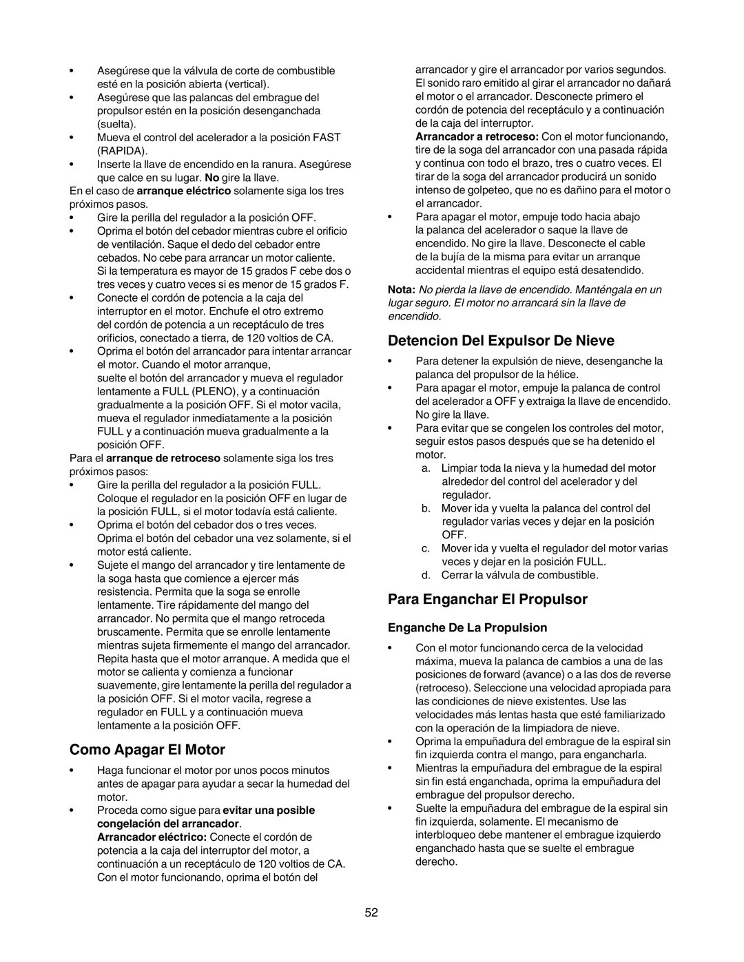 Craftsman 247.88854 owner manual Como Apagar El Motor, Para Enganchar El Propulsor, Enganche De La Propulsion 