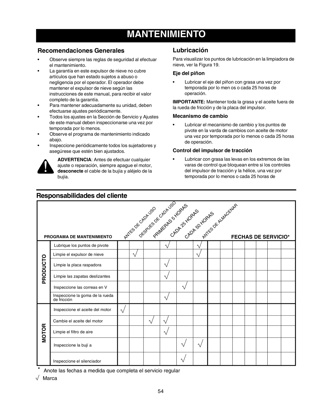 Craftsman 247.88854 owner manual Mantenimiento, Recomendaciones Generales, Lubricación 