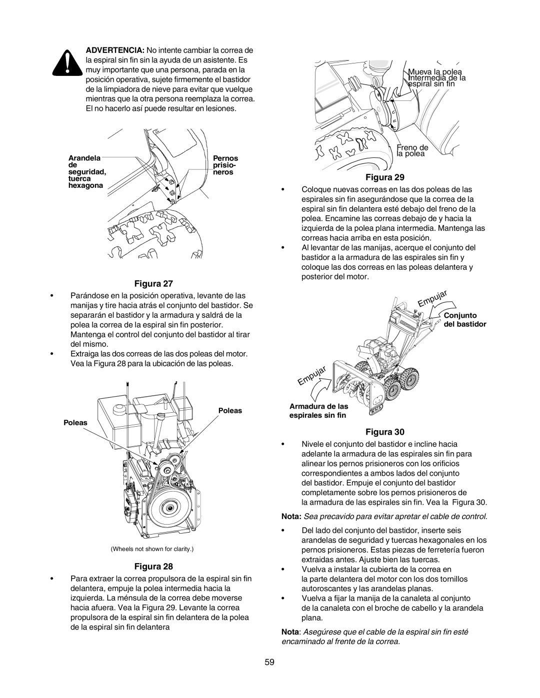 Craftsman 247.88854 owner manual Nota Sea precavido para evitar apretar el cable de control 