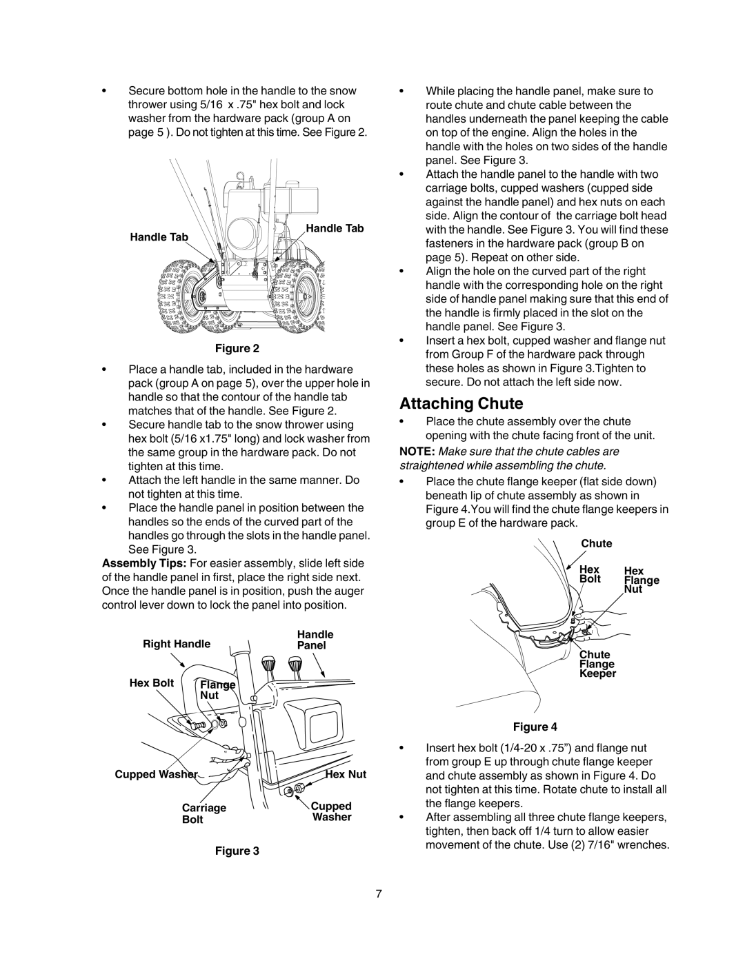 Craftsman 247.88854 owner manual Attaching Chute, Handle Tab, Chute Hex Hex Bolt Flange Nut Keeper 