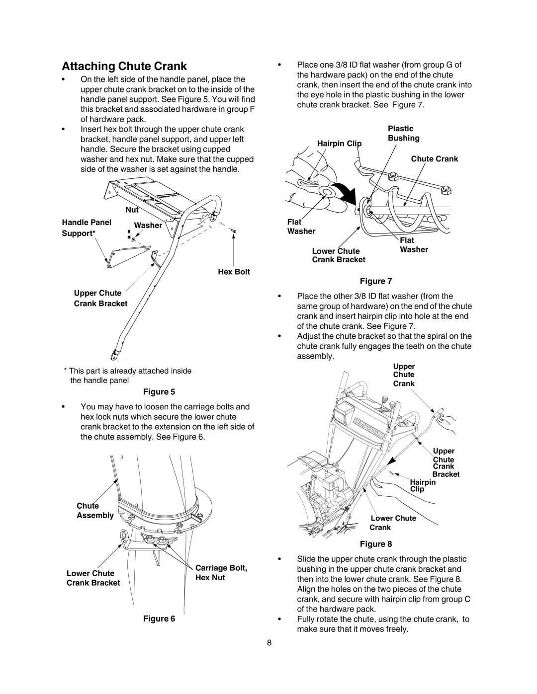 Craftsman 247.88854 owner manual Attaching Chute Crank, On the left side of the handle panel, place 