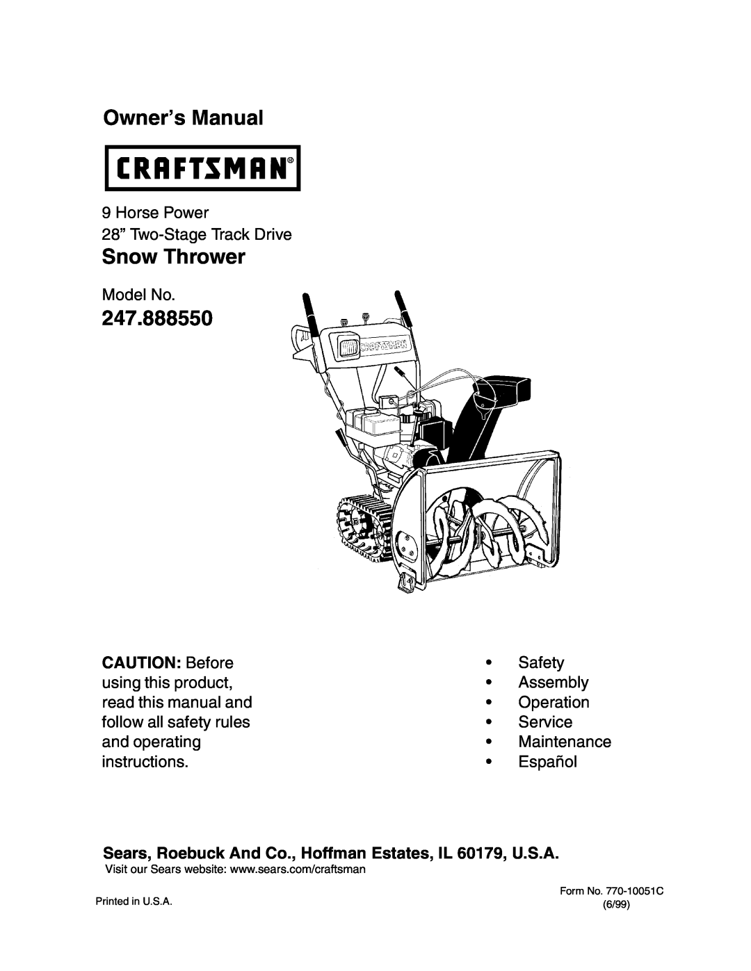 Craftsman owner manual Owner’s Manual, Snow Thrower, 247.888550, CAUTION Before 