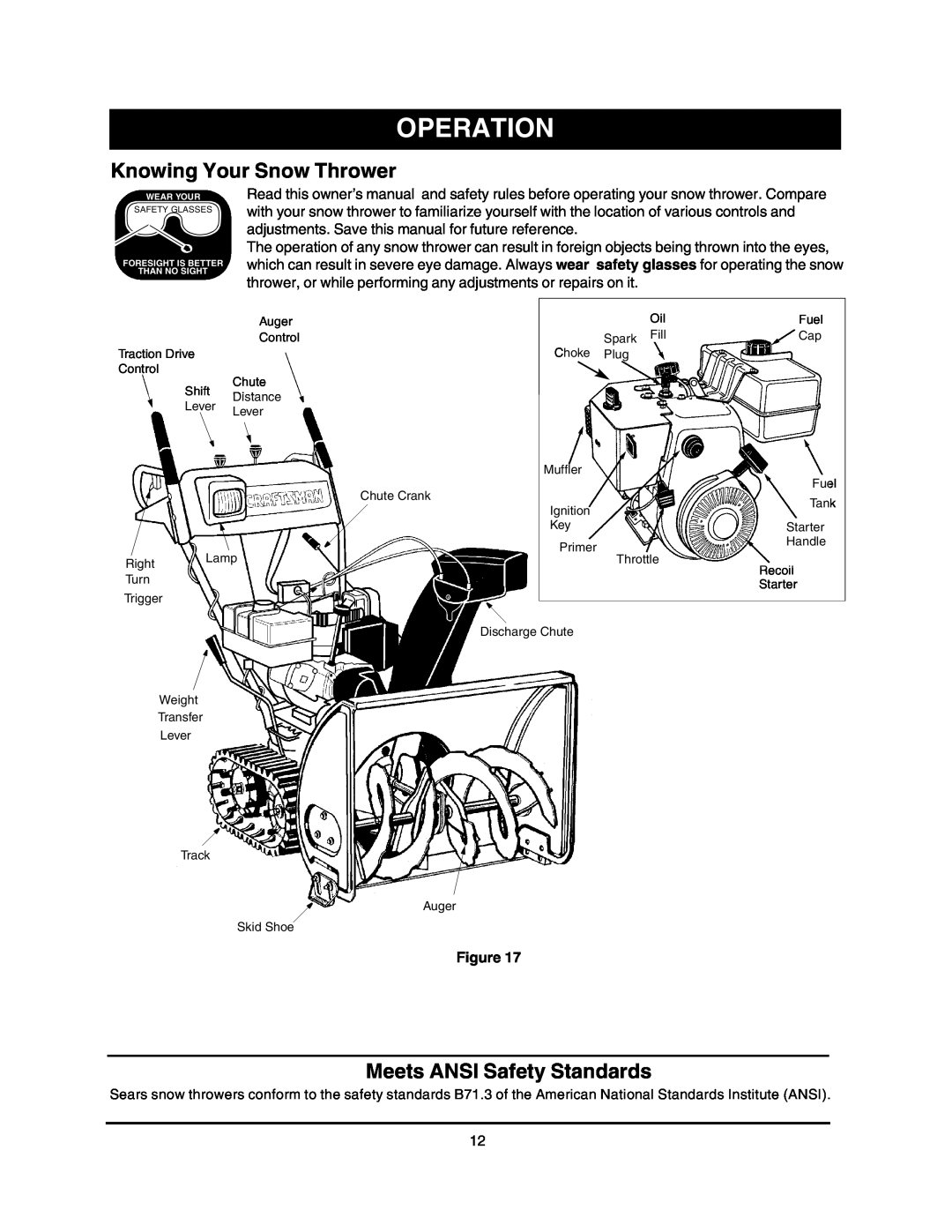 Craftsman 247.88855 owner manual Operation, Knowing Your Snow Thrower, Meets ANSI Safety Standards 