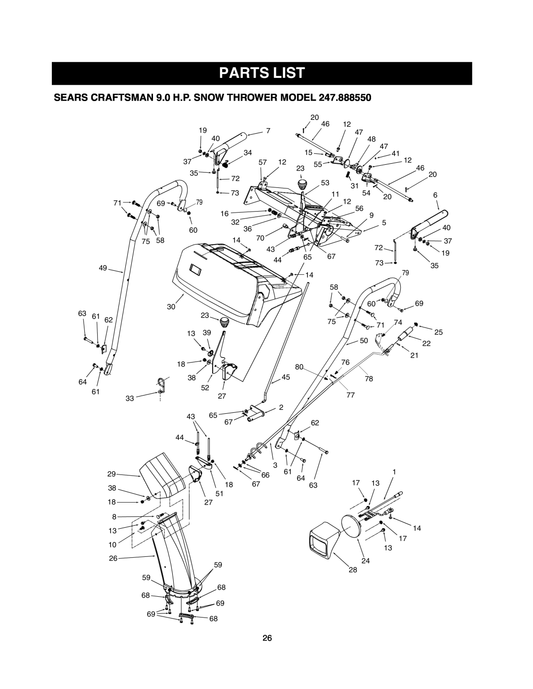 Craftsman 247.88855 owner manual Parts List, SEARS CRAFTSMAN 9.0 H.P. SNOW THROWER MODEL, 8 13 10 