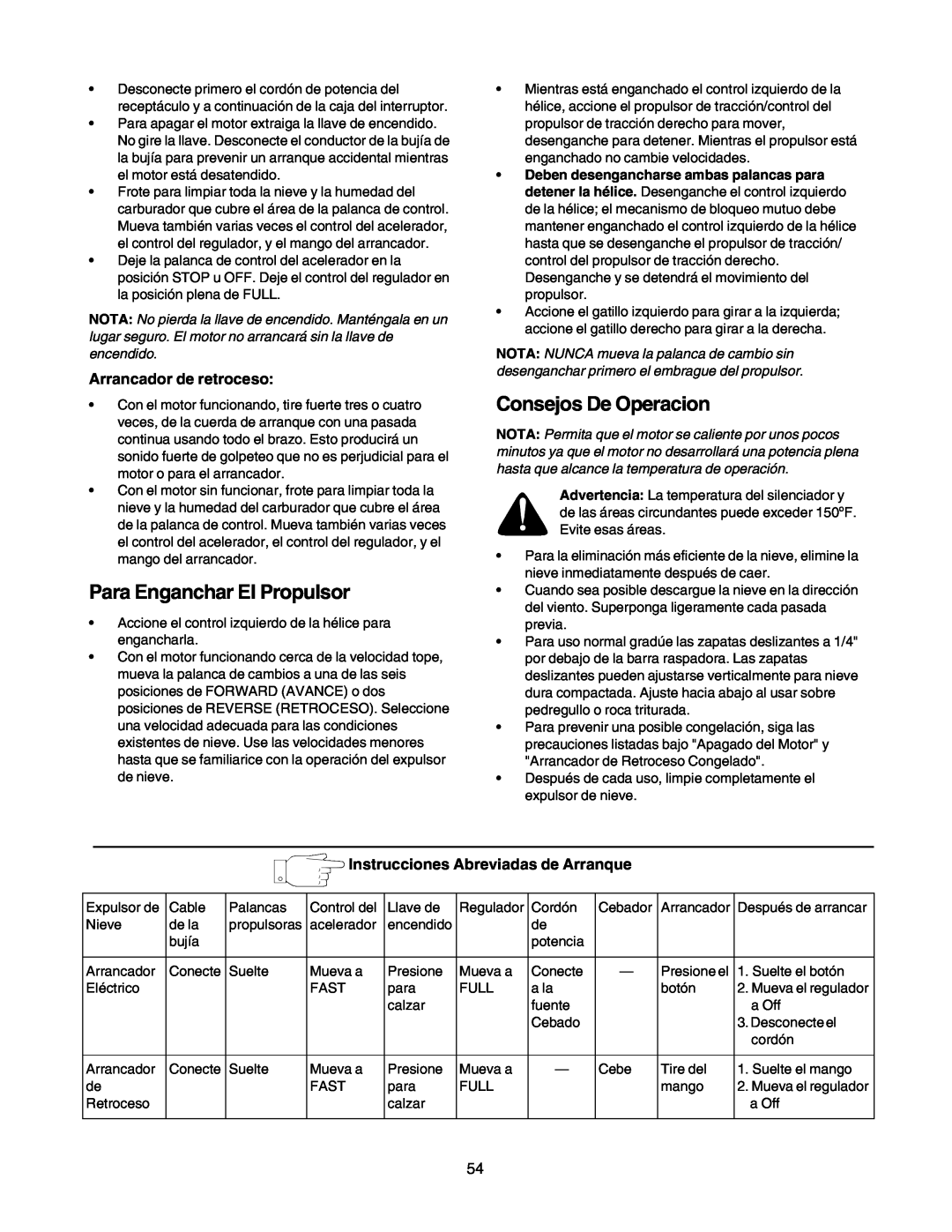 Craftsman 247.88855 owner manual Para Enganchar El Propulsor, Consejos De Operacion, Arrancador de retroceso 