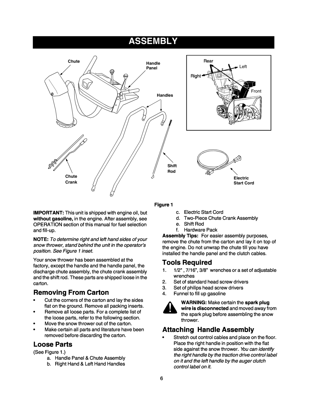 Craftsman 247.88855 owner manual Removing From Carton, Loose Parts, Tools Required, Attaching Handle Assembly 