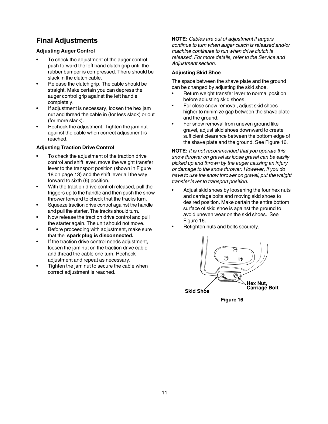 Craftsman 247.88855 Final Adjustments, Adjusting Auger Control, Adjusting Traction Drive Control, Adjusting Skid Shoe 