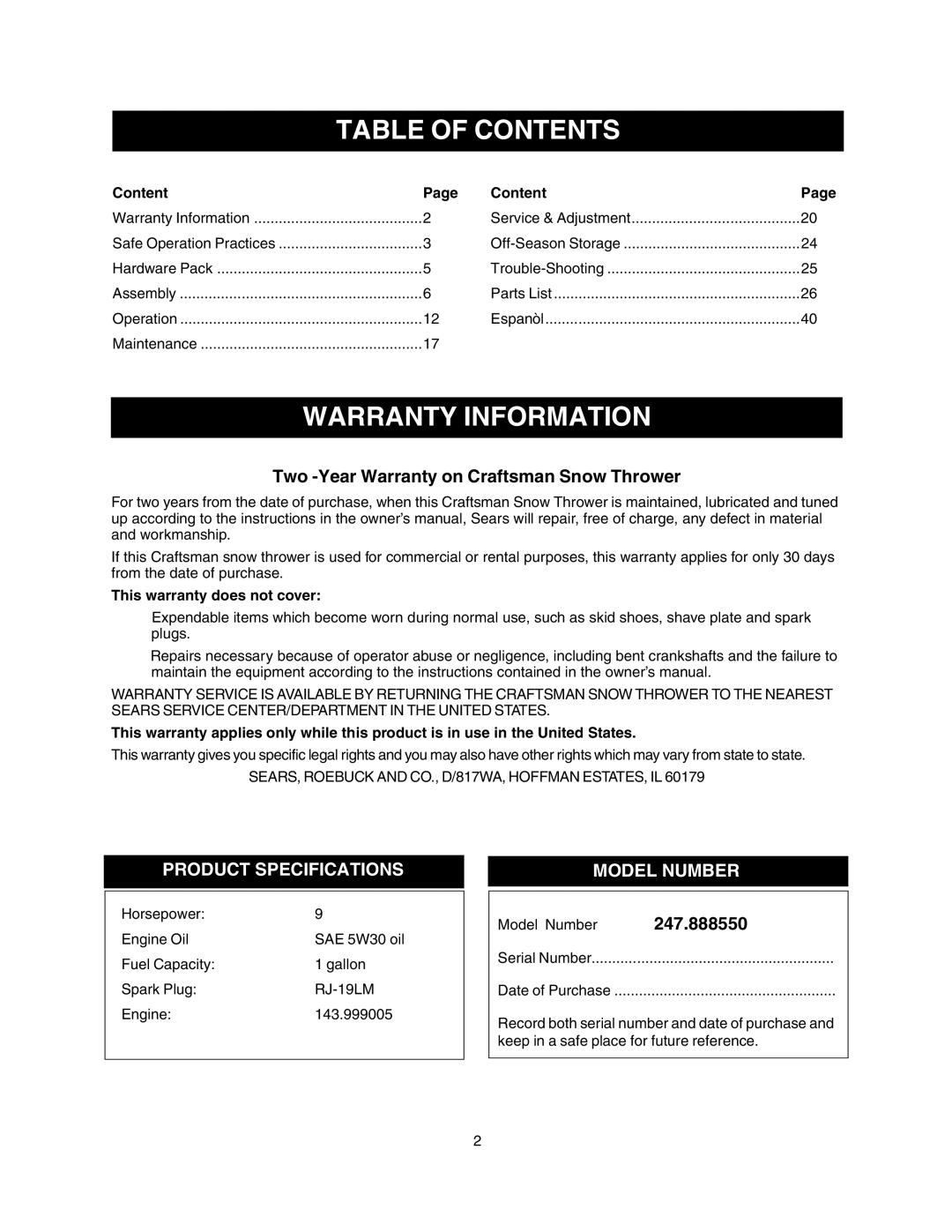 Craftsman 247.88855 owner manual Table of Contents, Warranty Information 