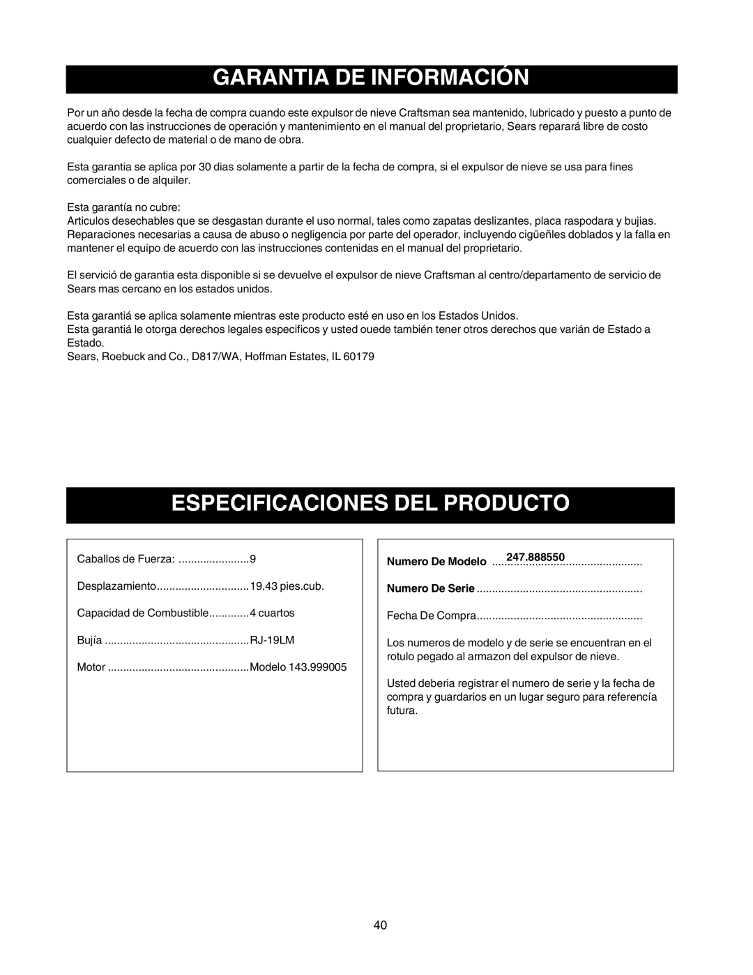 Craftsman 247.88855 owner manual Garantia DE Información, Especificaciones DEL Producto 