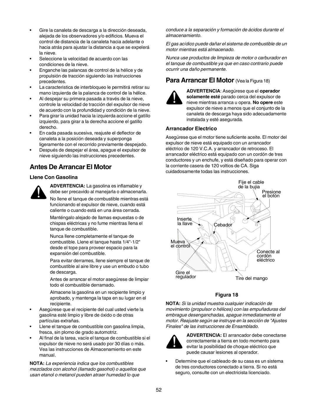 Craftsman 247.88855 owner manual Antes De Arrancar El Motor, Para Arrancar El Motor Vea la Figura, Llene Con Gasolina 