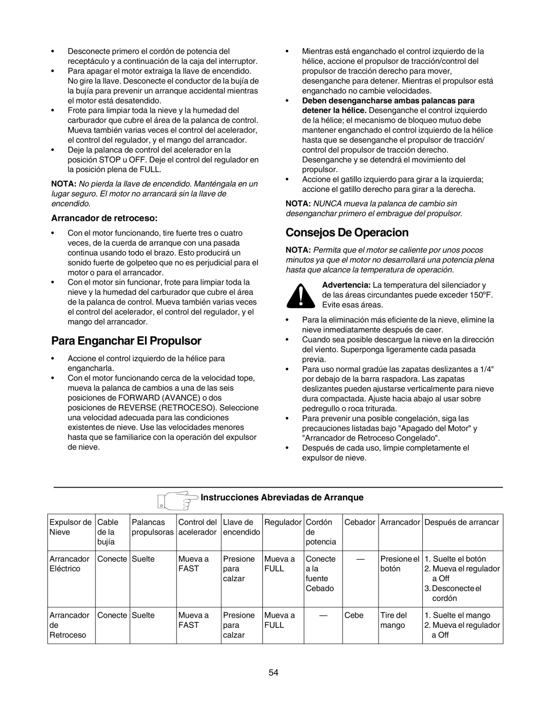 Craftsman 247.88855 owner manual Para Enganchar El Propulsor, Consejos De Operacion, Instrucciones Abreviadas de Arranque 